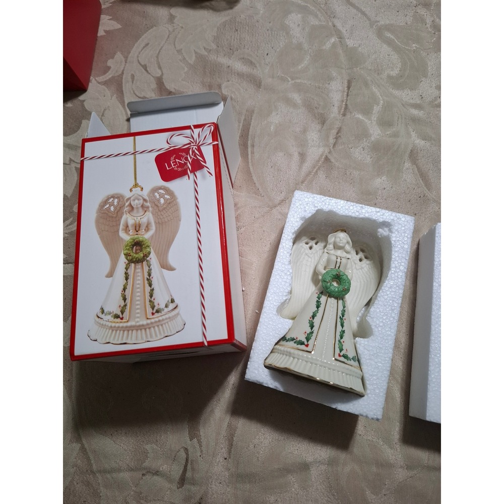 Lenox Holiday Angel Bell Ornament 6in Ivory Porcelain Holly Wreath 879206